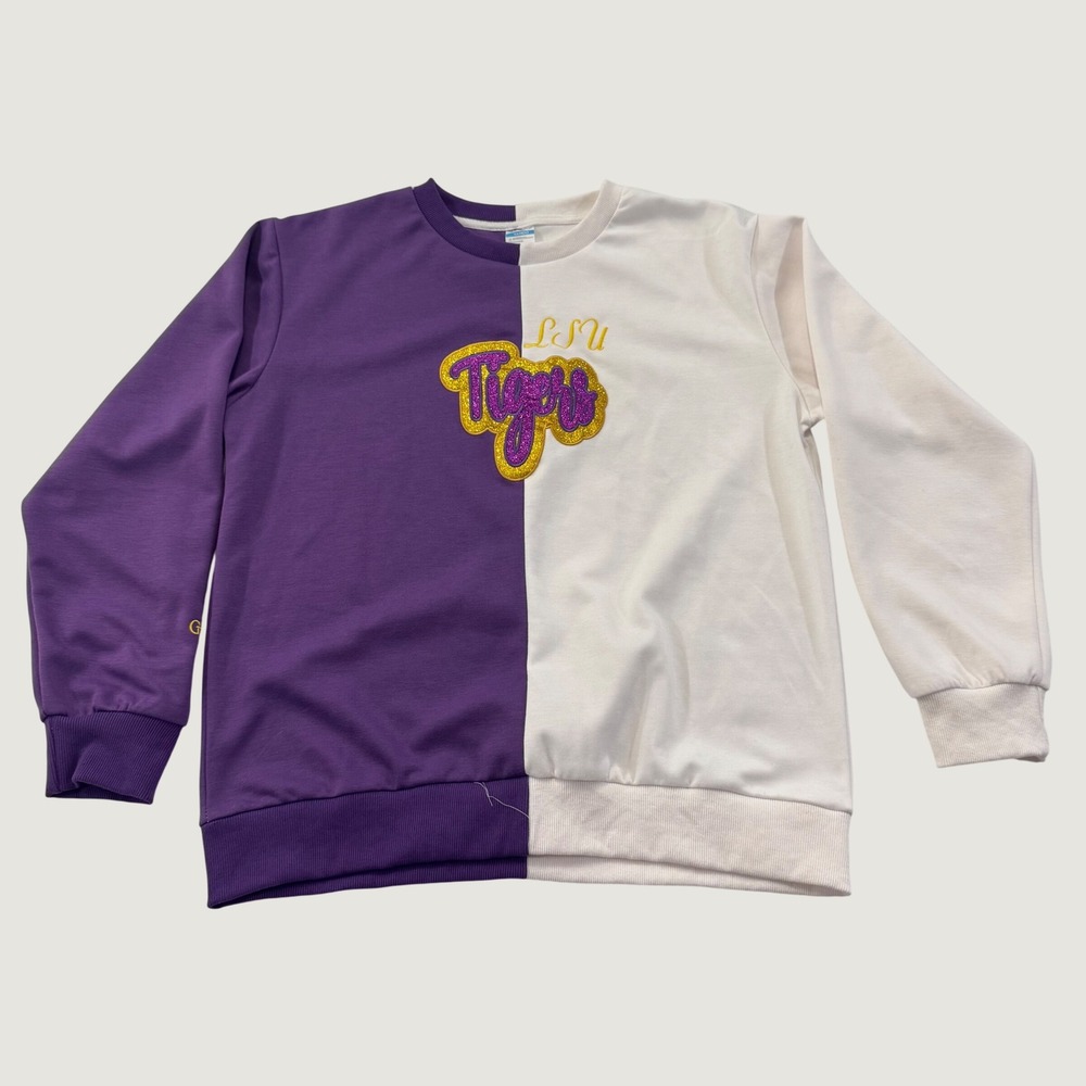 Vango LSU Tigers Sweatshirt Womens Large Purple White Split Glitter Crewneck